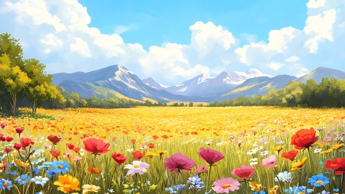 Sunlit mountain meadow bursting in wildflower confetti dreams.