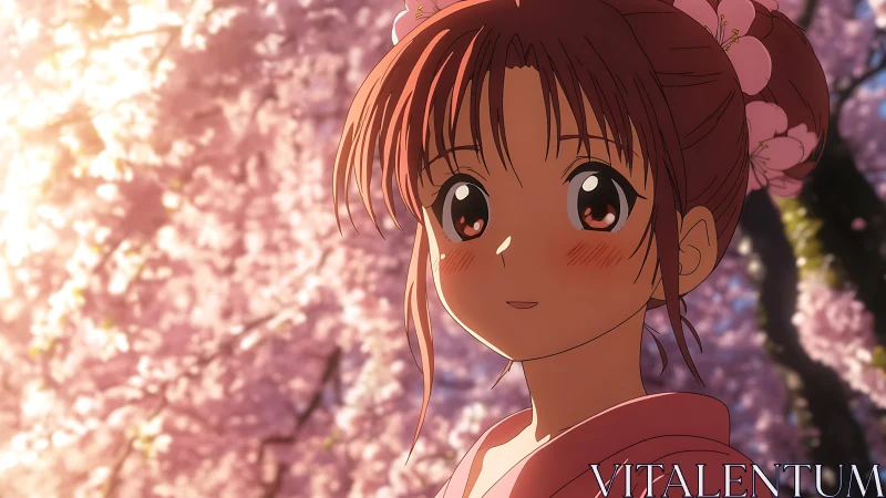 Anime portrait under luminous cherry blossom canopy in spring.