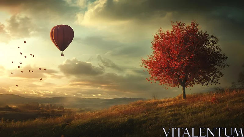 Red balloon and autumn tree over golden sunset valley.