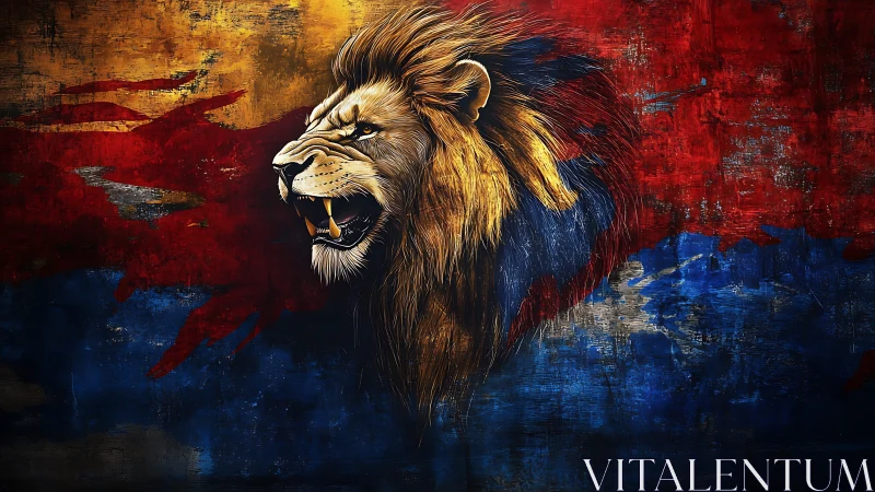 Roaring lion head over bold red, blue, gold backdrop.