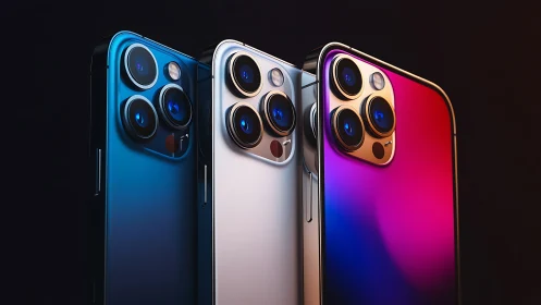 Triple lens smartphones in blue, silver and gradient finish.