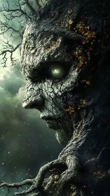 Ancient arboreal guardian portrait in moody green nebula.