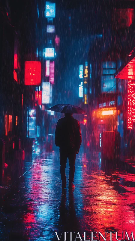 Cyberpunk silhouette in neon rain-soaked alleyway composition.