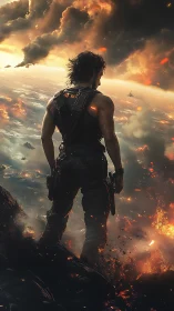 Lone futuristic warrior quietly surveys a burning battlefront