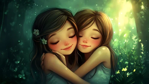 Twin Sisters in Verdant Forest: Digital Illustration with Luminous Botanical Elements.