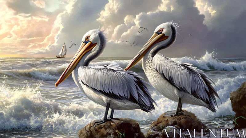 Two pelicans on coastal rocks overlooking turbulent sea.