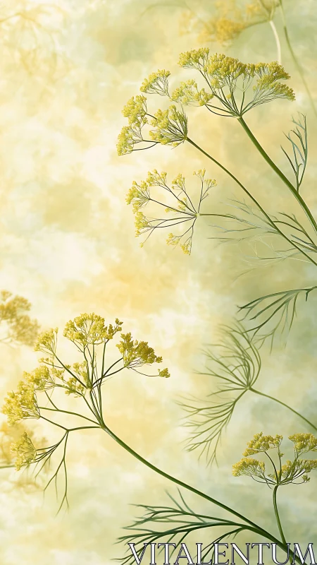 Yellow dill flower stems extend diagonally across soft light