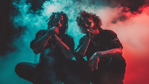 Dual-color stage portrait with kneeling musicians in smoke