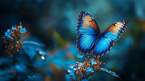 Iridescent blue butterfly poised over dusk-lit blossoms.