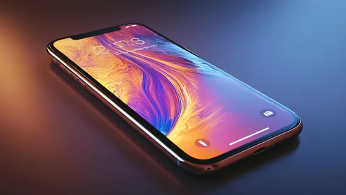 Modern smartphone on reflective surface with vivid display.