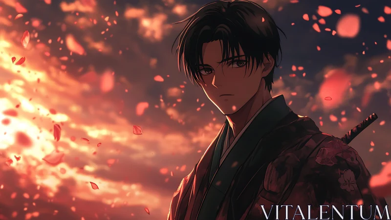 Samurai youth under sunset sky with drifting petals.