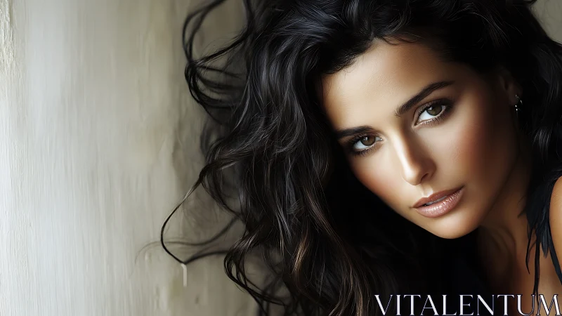 Striking brunette portrait with soft light and intense gaze.