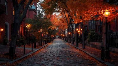 Autumn street glows under lamplight along cobblestone lane.
