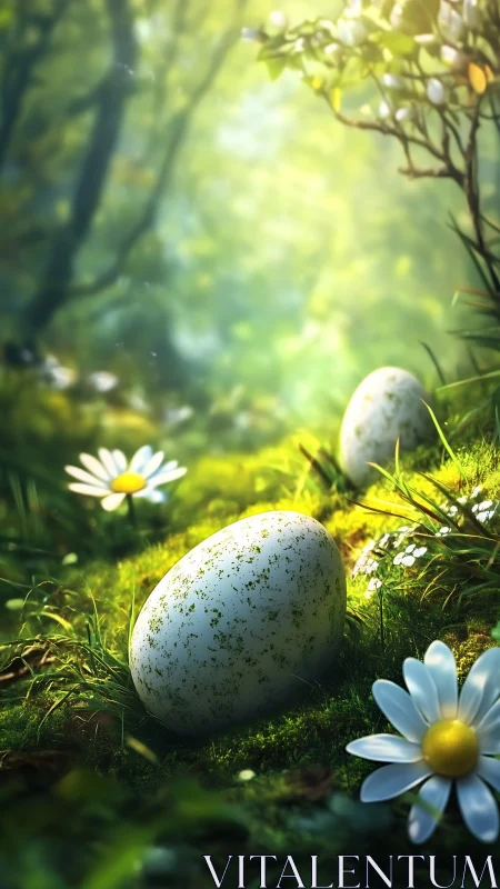 Speckled eggs rest in sunlit forest moss among daisies