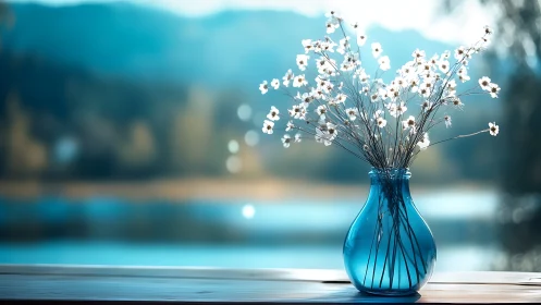 Blue glass vase with white wildflowers on lakeside table.