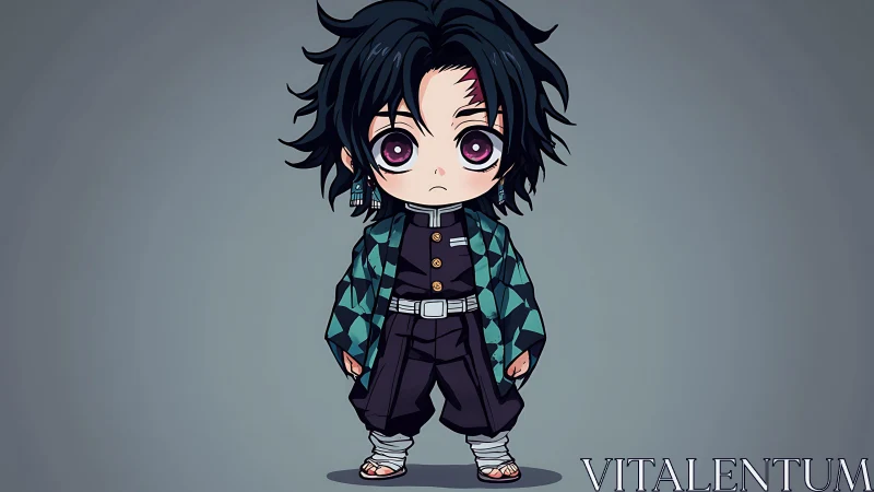Chibi style anime boy in patterned haori on gray backdrop.