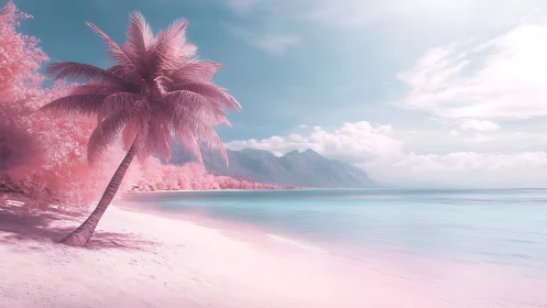 Pink Tropical Paradise Beach with Swaying Palm Tree.