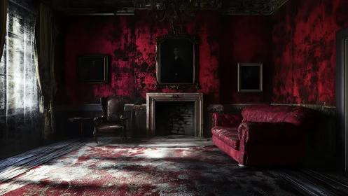 Faded velvet parlor brooding in crimson and ghostlight.