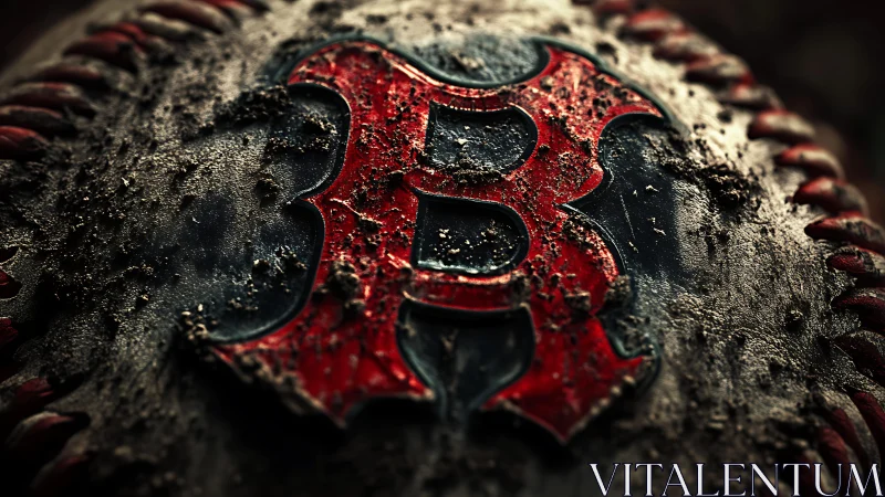 Macro sports emblem on weathered baseball surface close-up.