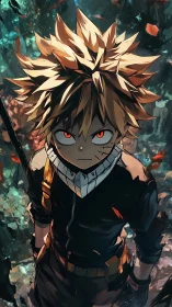 Defiant anime hero stands amid swirling embers and ruin