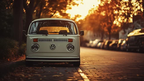 Vintage Volkswagen van is parked on a quiet tree-lined street