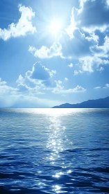 Blazing midday sun crowns a tranquil blue ocean horizon