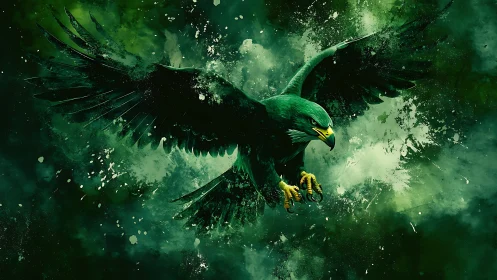 Majestic Green Eagle in Flight, Digital Art with Dramatic Splash Effect.