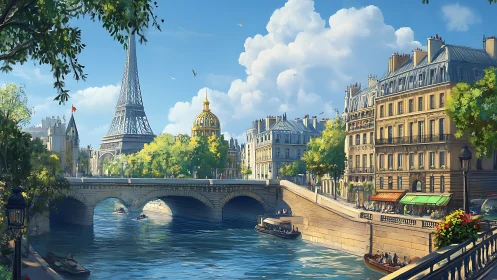 Digital painting of Parisian riverside architecture and bridge vista.