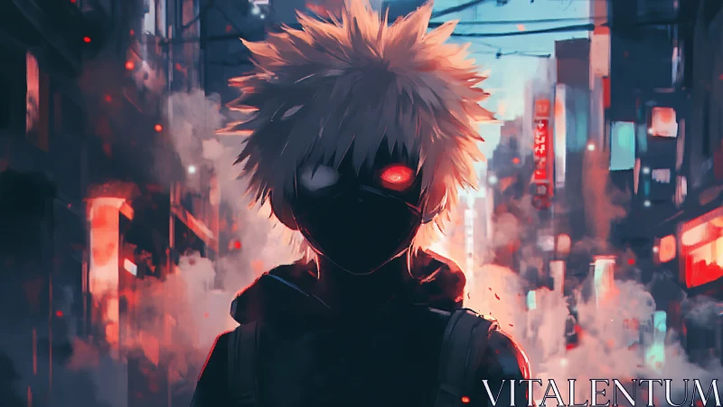 Masked anime figure with glowing eyes in neon urban alley.
