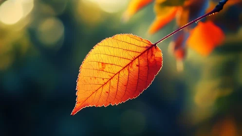Single orange leaf is suspended on a thin branch in focus