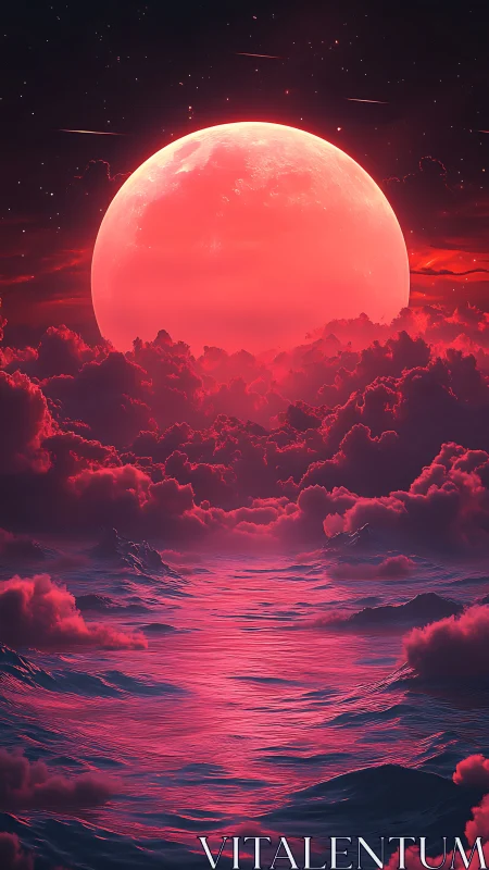Large red celestial body illuminates stylized ocean scene