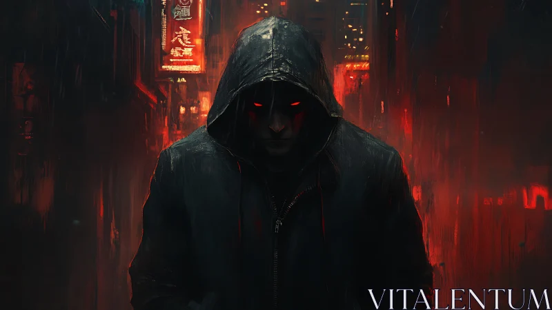 Hooded figure stalks neon alley in ominous crimson haze