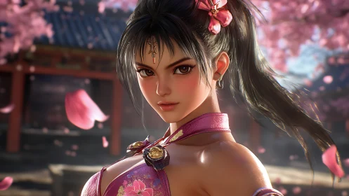 Female character in pink outfit under cherry blossoms.