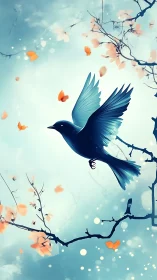 Blue songbird soaring over pastel branches in spring light.