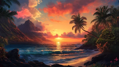 Radiant tropical sunset illuminates waves and mountainous coastline