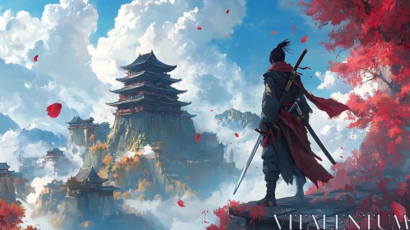 Scarlet samurai gazes over skybound pagoda kingdom.