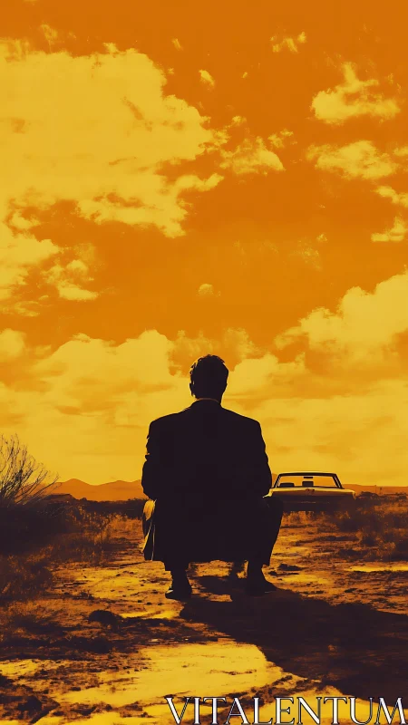 Solitary suited silhouette studies a blazing desert sky