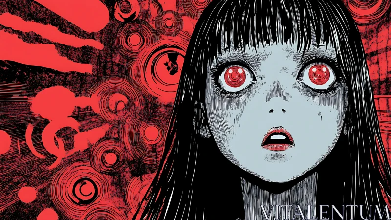 Horror manga girl with red spiral eyes on red chaos backdrop.