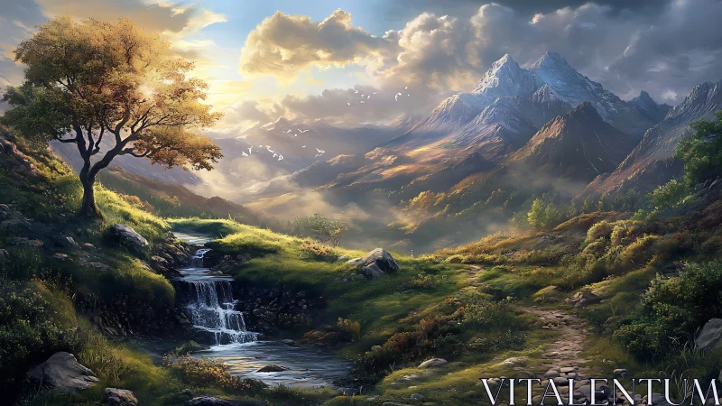 Sunlit valley stream winds toward distant snowy peaks.