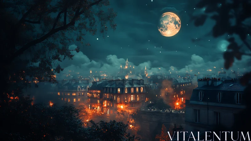 Moonlit cityscape shows glowing windows under cloudy sky