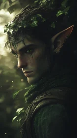 Elven forest figure in partial profile with leaf adornments.
