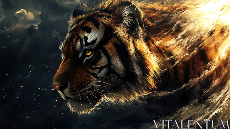 Ferocious tiger emerging through blazing storm light.