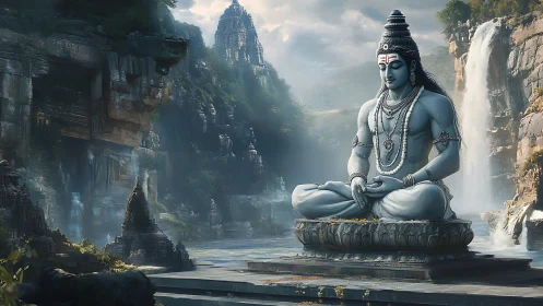Serene blue deity statue in rocky riverside temple valley.