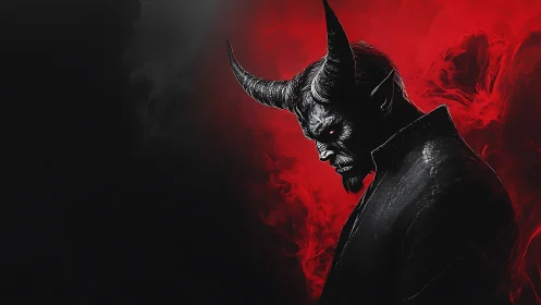 Demonic horned figure in black coat on red smoky background.