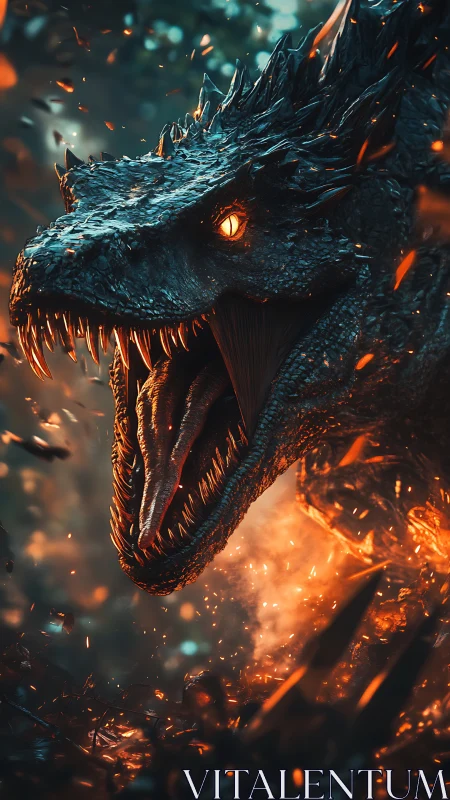 Firelit dragon roar amid embers and cinematic sparks.