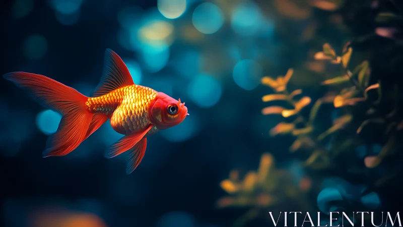 Stargazer goldfish drifting through neon-tinted aquarium dusk.