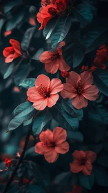 Red tropical flowers with teal foliage in dark shadow composition