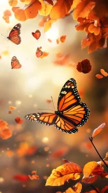 Monarch butterflies move among orange autumn foliage