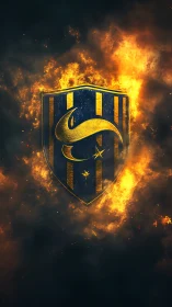 Fiery gold and blue crest burns through dark smoke