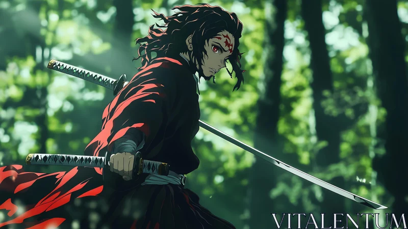 Forest light sharpens the silent resolve of the red swordsman